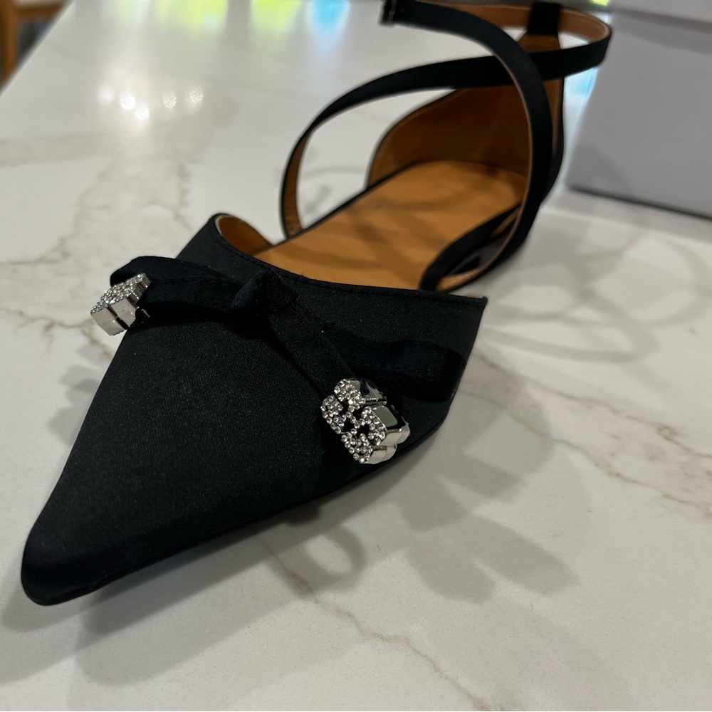 Ganni Black Satin Butterfly Bow Point Toe Ballet Flat Shoes Size 37 - Picture 5 of 5
